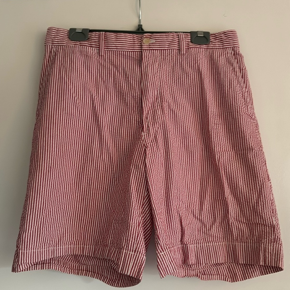 Polo Golf Ralph Lauren Red/White Striped Seersucker Flat Front Shorts Men’s 32